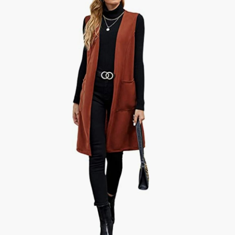 NWT Burnt Orange Oversized Long Duster Vest Cardigan Coat Jacket Bucket Pockets
